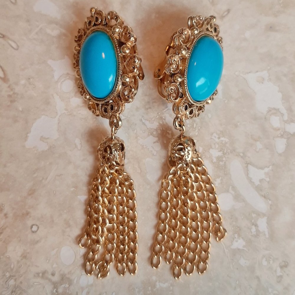 VTG Signed Florenza Turquoise & Gold Tone Tassel Filigree Clip On Earrings